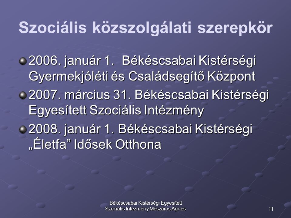 11 Békéscsabai Kistérségi Egyesített Szociális Intézmény Mészáros Ágnes Szociális közszolgálati szerepkör 2006.
