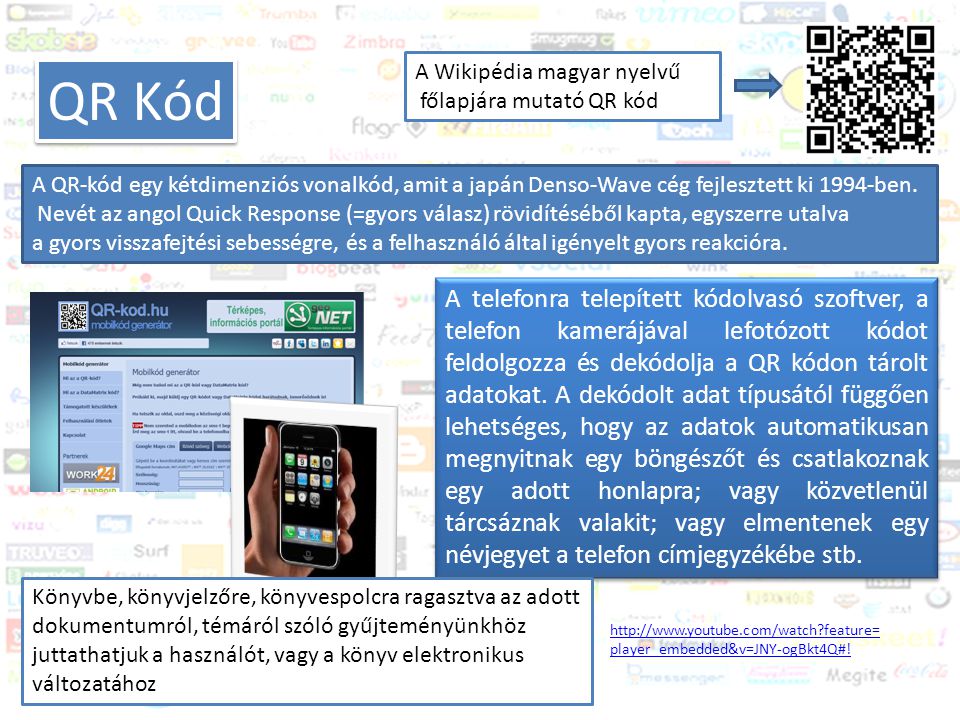 Közösségi média és a könyvtár Trendek QR Kód A Wikipédia magyar nyelvű főlapjára mutató QR kód A QR-kód egy kétdimenziós vonalkód, amit a japán Denso-Wave cég fejlesztett ki 1994-ben.