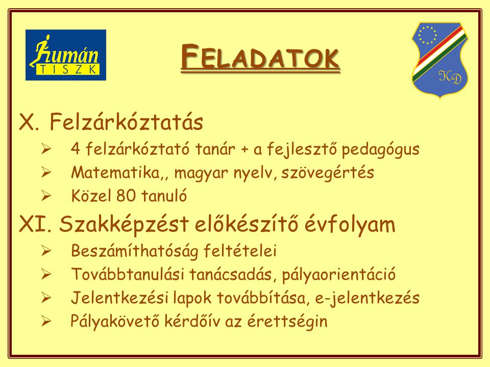F ELADATOK X.Felzárkóztatás  4 felzárkóztató tanár + a fejlesztő pedagógus  Matematika,, magyar nyelv, szövegértés  Közel 80 tanuló XI.
