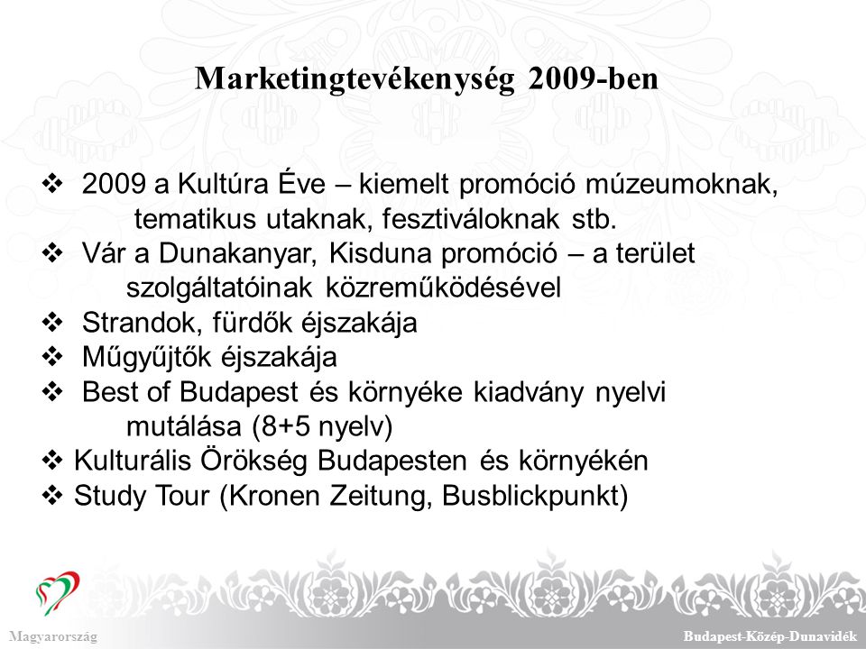 Marketingtevékenység 2009-ben MagyarországBudapest-Közép-Dunavidék  2009 a Kultúra Éve – kiemelt promóció múzeumoknak, tematikus utaknak, fesztiváloknak stb.