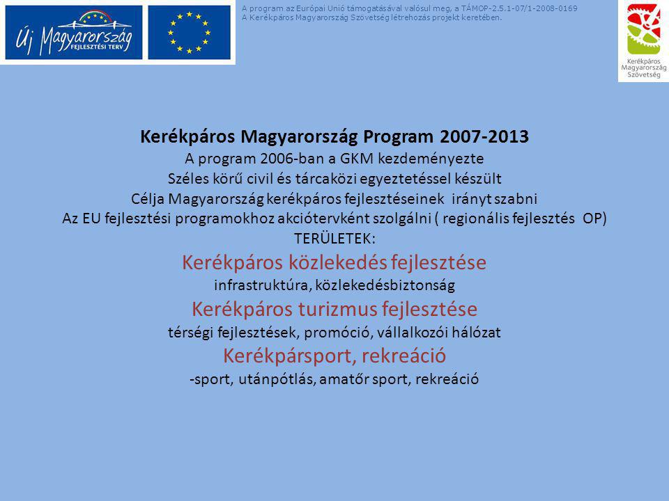 Kerékpáros Magyarország Program A program 2006-ban a GKM kezdeményezte Széles körű civil és tárcaközi egyeztetéssel készült Célja Magyarország kerékpáros fejlesztéseinek irányt szabni Az EU fejlesztési programokhoz akciótervként szolgálni ( regionális fejlesztés OP) TERÜLETEK: Kerékpáros közlekedés fejlesztése infrastruktúra, közlekedésbiztonság Kerékpáros turizmus fejlesztése térségi fejlesztések, promóció, vállalkozói hálózat Kerékpársport, rekreáció -sport, utánpótlás, amatőr sport, rekreáció A program az Európai Unió támogatásával valósul meg, a TÁMOP / A Kerékpáros Magyarország Szövetség létrehozás projekt keretében.
