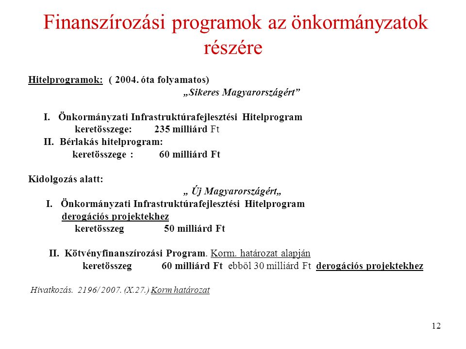 Finanszírozási programok az önkormányzatok részére Hitelprogramok: ( 2004.