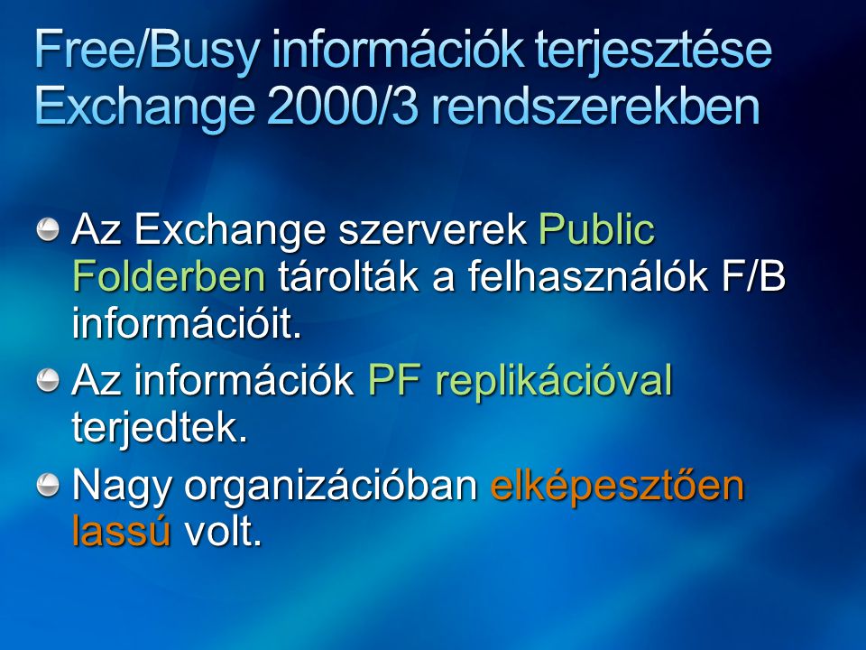 Az Exchange szerverek Public Folderben tárolták a felhasználók F/B információit.