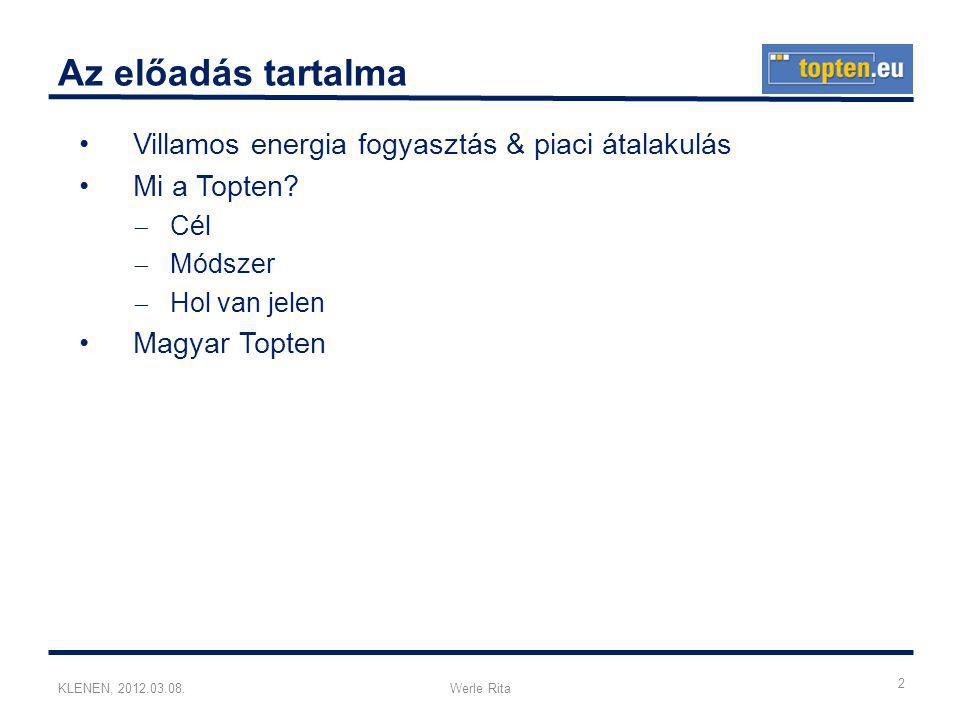KLENEN, Werle Rita Az előadás tartalma •Villamos energia fogyasztás & piaci átalakulás •Mi a Topten.