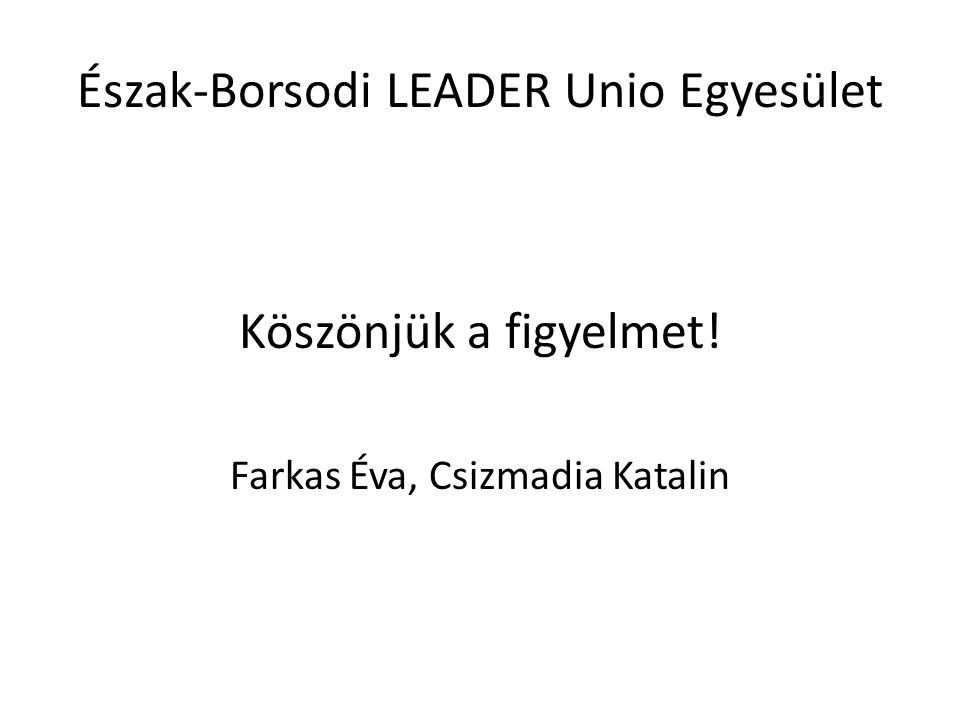 Észak-Borsodi LEADER Unio Egyesület Köszönjük a figyelmet! Farkas Éva, Csizmadia Katalin