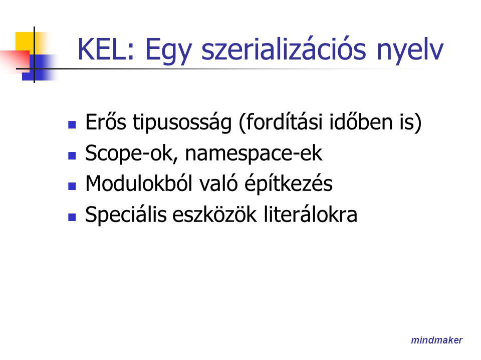mindmaker KEL: Egy szerializációs nyelv  Erős tipusosság (fordítási időben is)  Scope-ok, namespace-ek  Modulokból való építkezés  Speciális eszközök literálokra