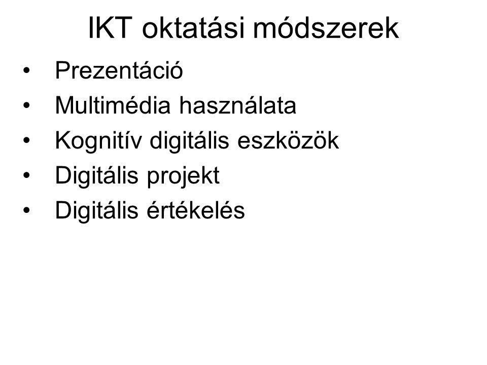 IKT oktatási módszerek •Prezentáció •Multimédia használata •Kognitív digitális eszközök •Digitális projekt •Digitális értékelés