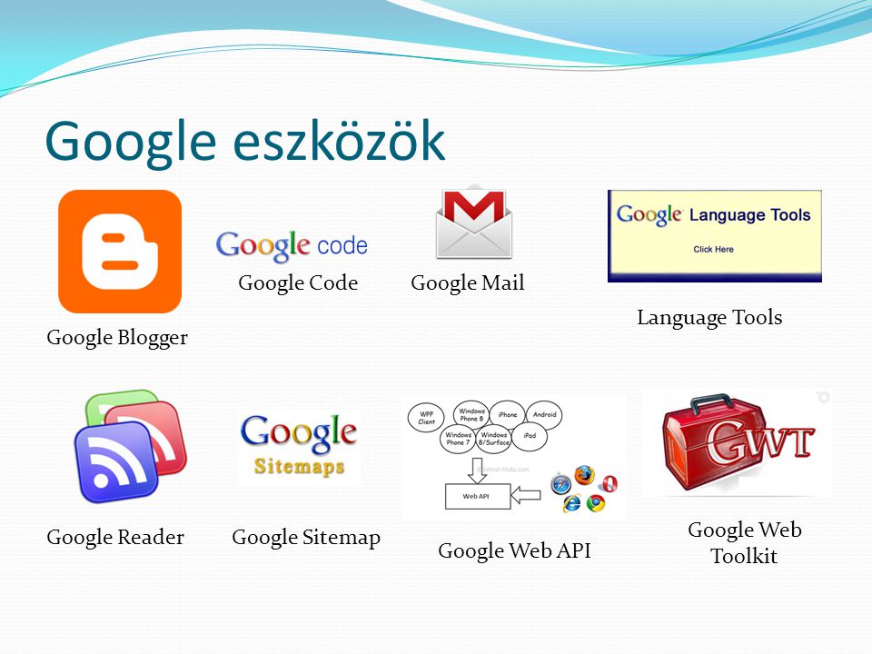 Google eszközök Google Blogger Google CodeGoogle Mail Language Tools Google ReaderGoogle Sitemap Google Web API Google Web Toolkit