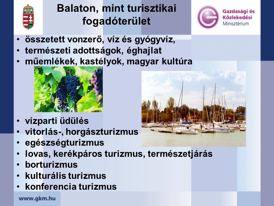 Balaton, mint turisztikai fogadóterület •összetett vonzerő, víz és gyógyvíz, •természeti adottságok, éghajlat •műemlékek, kastélyok, magyar kultúra •vízparti üdülés •vitorlás-, horgászturizmus •egészségturizmus •lovas, kerékpáros turizmus, természetjárás •borturizmus •kulturális turizmus •konferencia turizmus