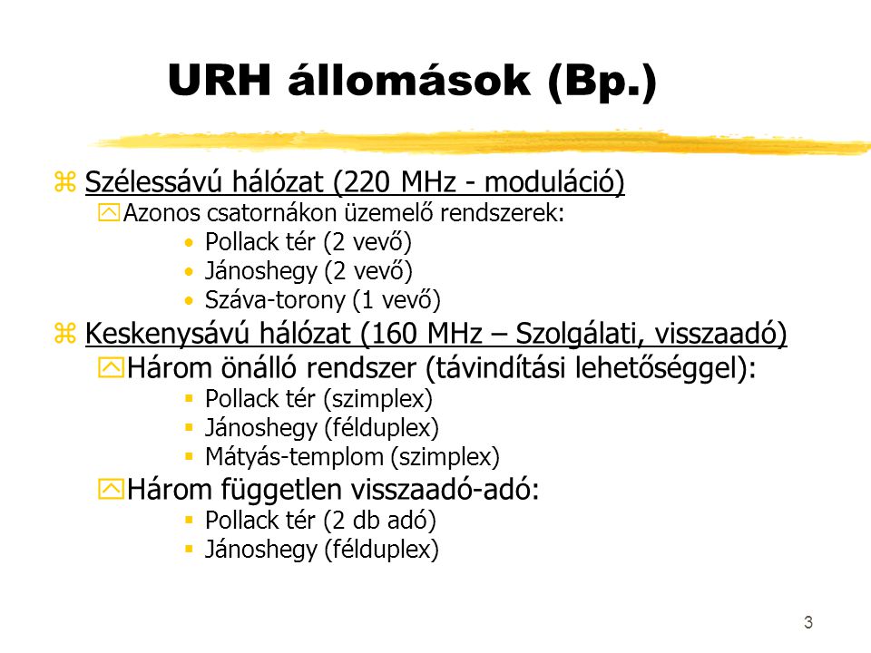 3 URH állomások (Bp.) zSzélessávú hálózat (220 MHz - moduláció) yAzonos csatornákon üzemelő rendszerek: •Pollack tér (2 vevő) •Jánoshegy (2 vevő) •Száva-torony (1 vevő) zKeskenysávú hálózat (160 MHz – Szolgálati, visszaadó) yHárom önálló rendszer (távindítási lehetőséggel):  Pollack tér (szimplex)  Jánoshegy (félduplex)  Mátyás-templom (szimplex) yHárom független visszaadó-adó:  Pollack tér (2 db adó)  Jánoshegy (félduplex)