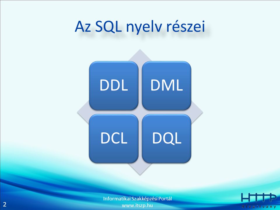 2 Informatikai Szakképzési Portál   Az SQL nyelv részei DDLDMLDCLDQL