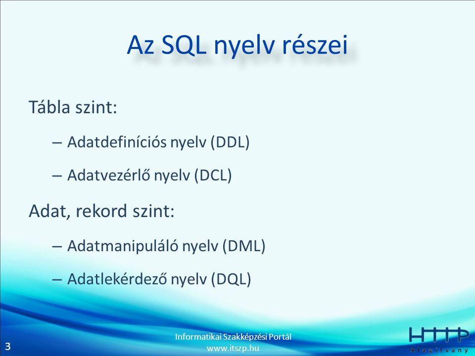 3 Informatikai Szakképzési Portál   Az SQL nyelv részei Tábla szint: – Adatdefiníciós nyelv (DDL) – Adatvezérlő nyelv (DCL) Adat, rekord szint: – Adatmanipuláló nyelv (DML) – Adatlekérdező nyelv (DQL)