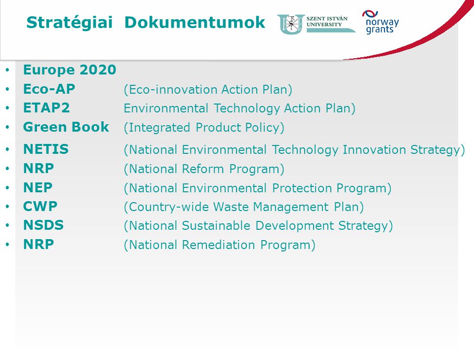 Stratégiai Dokumentumok • Europe 2020 • Eco-AP (Eco-innovation Action Plan) • ETAP2 Environmental Technology Action Plan) • Green Book (Integrated Product Policy) • NETIS (National Environmental Technology Innovation Strategy) • NRP (National Reform Program) • NEP (National Environmental Protection Program) • CWP (Country-wide Waste Management Plan) • NSDS (National Sustainable Development Strategy) • NRP (National Remediation Program)