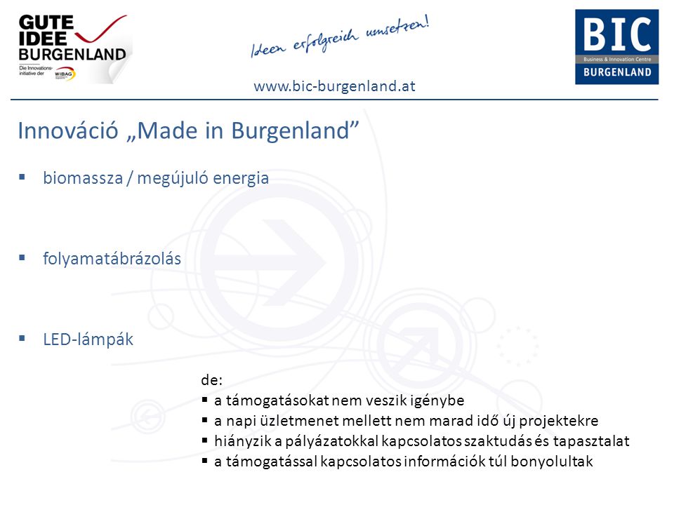Innováció „Made in Burgenland  biomassza / megújuló energia  folyamatábrázolás  LED-lámpák de:  a támogatásokat nem veszik igénybe  a napi üzletmenet mellett nem marad idő új projektekre  hiányzik a pályázatokkal kapcsolatos szaktudás és tapasztalat  a támogatással kapcsolatos információk túl bonyolultak