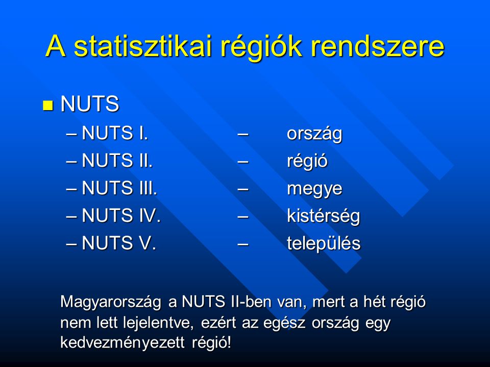 A statisztikai régiók rendszere  NUTS –NUTS I. – ország –NUTS II.