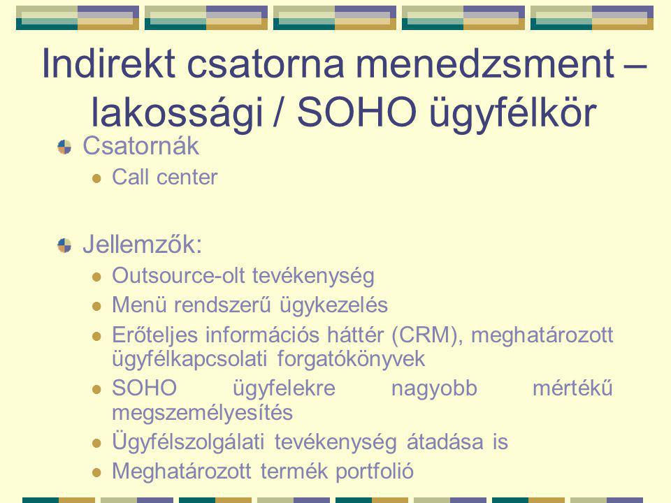 Indirekt csatorna menedzsment – lakossági / SOHO ügyfélkör Csatornák  Call center Jellemzők:  Outsource-olt tevékenység  Menü rendszerű ügykezelés  Erőteljes információs háttér (CRM), meghatározott ügyfélkapcsolati forgatókönyvek  SOHO ügyfelekre nagyobb mértékű megszemélyesítés  Ügyfélszolgálati tevékenység átadása is  Meghatározott termék portfolió