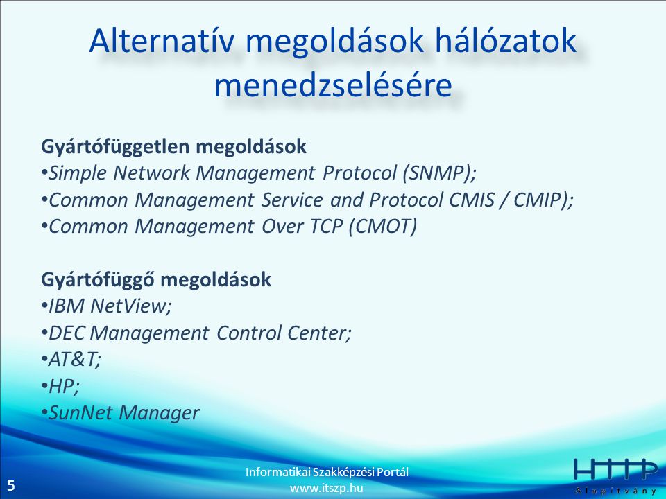 5 Informatikai Szakképzési Portál   Alternatív megoldások hálózatok menedzselésére Gyártófüggetlen megoldások • Simple Network Management Protocol (SNMP); • Common Management Service and Protocol CMIS / CMIP); • Common Management Over TCP (CMOT) Gyártófüggő megoldások • IBM NetView; • DEC Management Control Center; • AT&T; • HP; • SunNet Manager