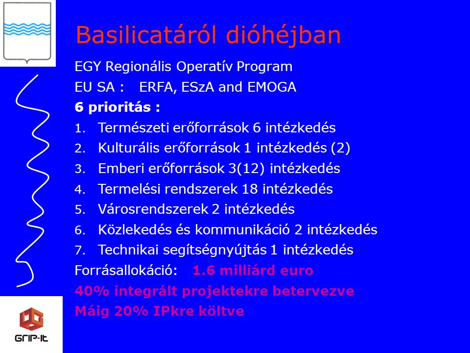 Basilicatáról dióhéjban EGY Regionális Operatív Program EU SA : ERFA, ESzA and EMOGA 6 prioritás : 1.