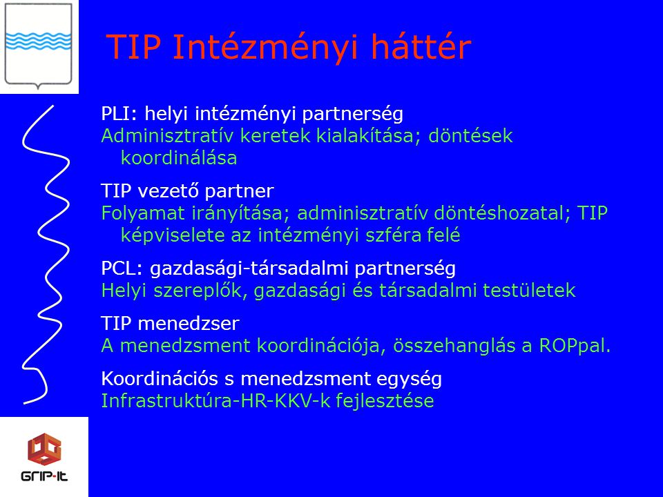 PLI: helyi intézményi partnerség Adminisztratív keretek kialakítása; döntések koordinálása TIP vezető partner Folyamat irányítása; adminisztratív döntéshozatal; TIP képviselete az intézményi szféra felé PCL: gazdasági-társadalmi partnerség Helyi szereplők, gazdasági és társadalmi testületek TIP menedzser A menedzsment koordinációja, összehanglás a ROPpal.