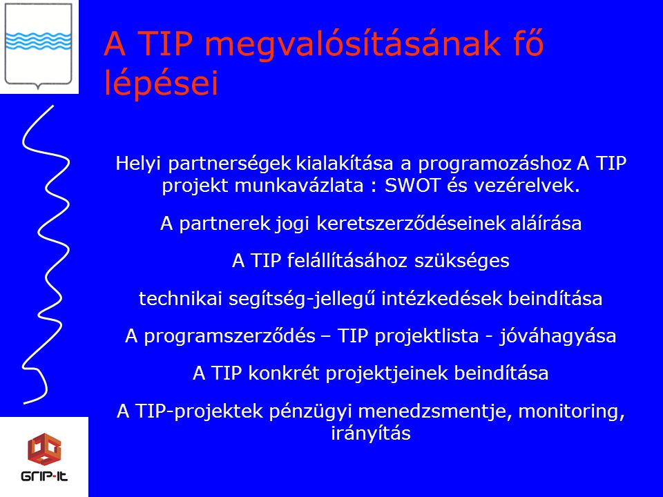 A TIP megvalósításának fő lépései Helyi partnerségek kialakítása a programozáshoz A TIP projekt munkavázlata : SWOT és vezérelvek.
