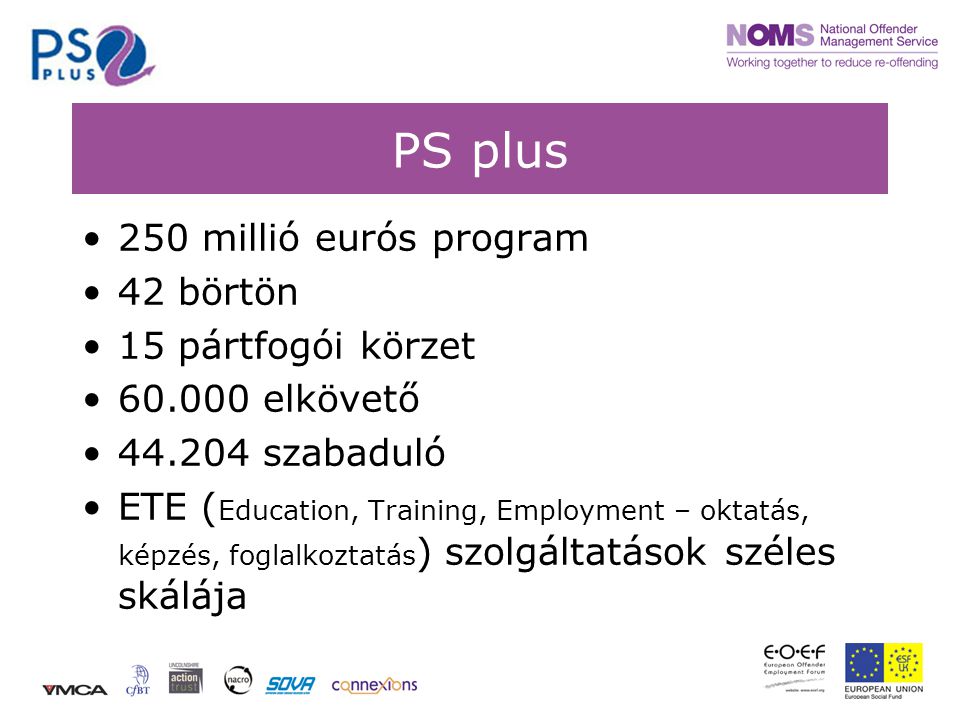 PS plus •250 millió eurós program •42 börtön •15 pártfogói körzet • elkövető • szabaduló •ETE ( Education, Training, Employment – oktatás, képzés, foglalkoztatás ) szolgáltatások széles skálája