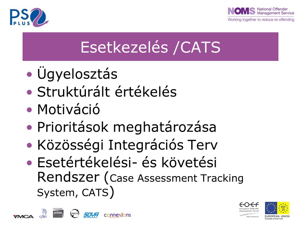 Esetkezelés /CATS •Ügyelosztás •Struktúrált értékelés •Motiváció •Prioritások meghatározása •Közösségi Integrációs Terv •Esetértékelési- és követési Rendszer ( Case Assessment Tracking System, CATS )