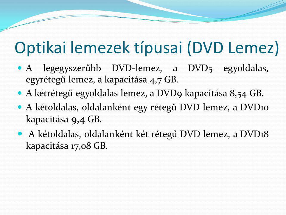 Optikai lemezek típusai (DVD Lemez)  A legegyszerűbb DVD-lemez, a DVD5 egyoldalas, egyrétegű lemez, a kapacitása 4,7 GB.