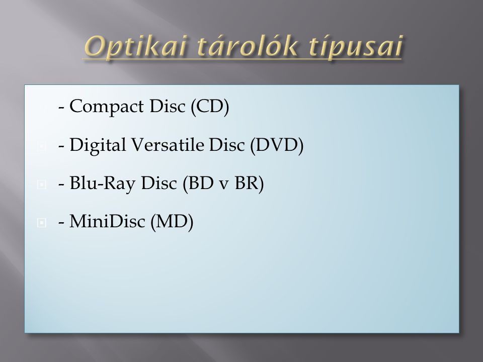  - Compact Disc (CD)  - Digital Versatile Disc (DVD)  - Blu-Ray Disc (BD v BR)  - MiniDisc (MD)  - Compact Disc (CD)  - Digital Versatile Disc (DVD)  - Blu-Ray Disc (BD v BR)  - MiniDisc (MD)