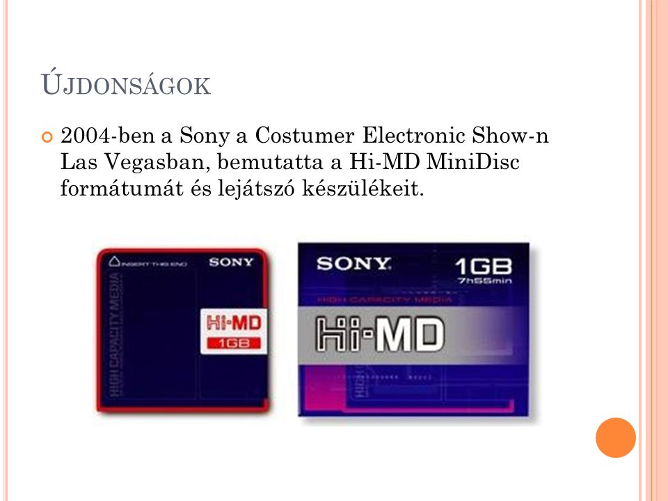 Ú JDONSÁGOK 2004-ben a Sony a Costumer Electronic Show-n Las Vegasban, bemutatta a Hi-MD MiniDisc formátumát és lejátszó készülékeit.