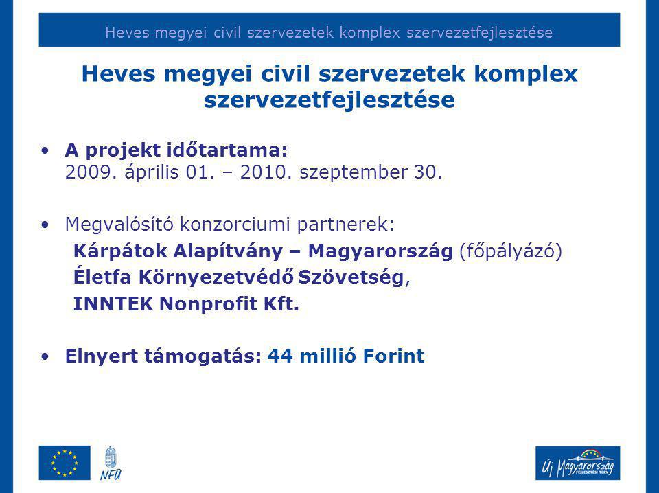 Heves megyei civil szervezetek komplex szervezetfejlesztése •A projekt időtartama: 2009.