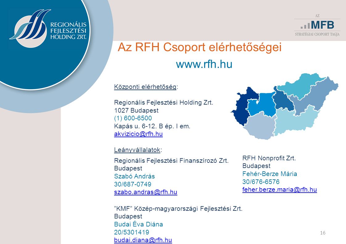 Az RFH Csoport elérhetőségei Központi elérhetőség: Regionális Fejlesztési Holding Zrt.