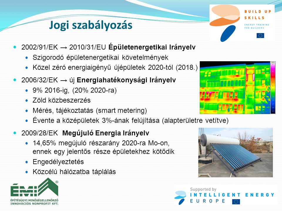 Jogi szabályozás  2002/91/EK → 2010/31/EU Épületenergetikai Irányelv  Szigorodó épületenergetikai követelmények  Közel zéró energiaigényű újépületek 2020-tól (2018.)  2006/32/EK → új Energiahatékonysági Irányelv  9% 2016-ig, (20% 2020-ra)  Zöld közbeszerzés  Mérés, tájékoztatás (smart metering)  Évente a középületek 3%-ának felújítása (alapterületre vetítve)  2009/28/EK Megújuló Energia Irányelv  14,65% megújuló részarány 2020-ra Mo-on, ennek egy jelentős része épületekhez kötődik  Engedélyeztetés  Közcélú hálózatba táplálás