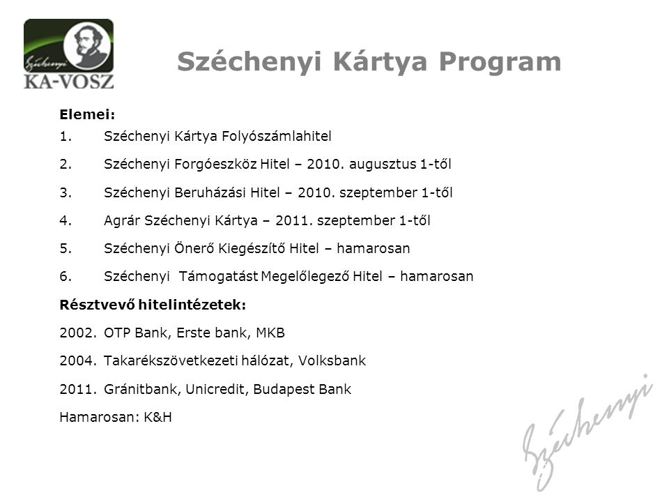 Elemei: 1.Széchenyi Kártya Folyószámlahitel 2.Széchenyi Forgóeszköz Hitel – 2010.