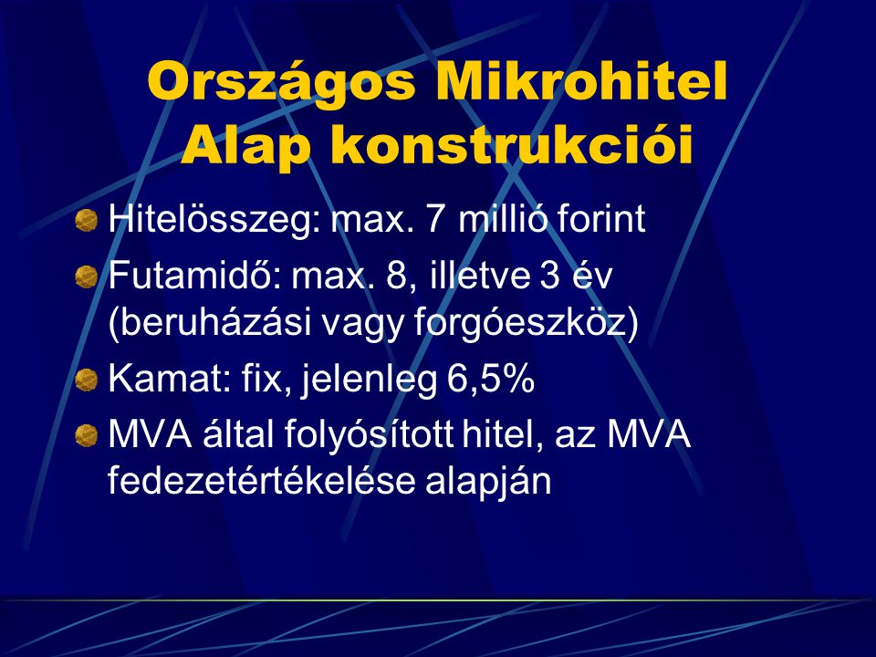 Országos Mikrohitel Alap konstrukciói Hitelösszeg: max.