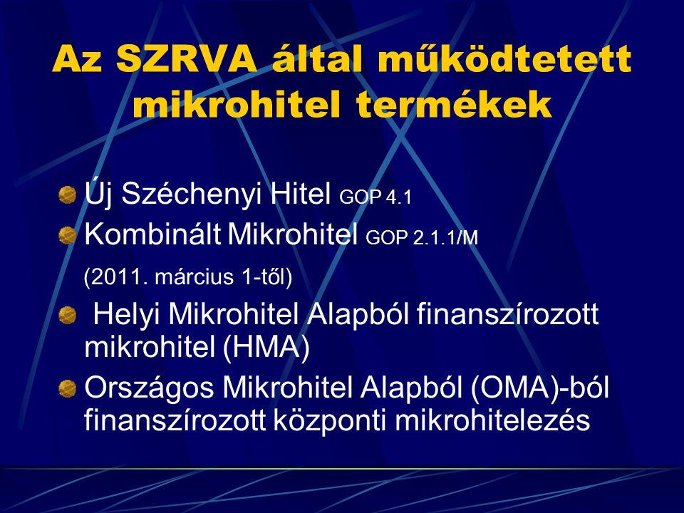 Az SZRVA által működtetett mikrohitel termékek Új Széchenyi Hitel GOP 4.1 Kombinált Mikrohitel GOP 2.1.1/M (2011.