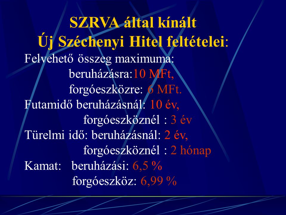 SZRVA által kínált Új Széchenyi Hitel feltételei: Felvehető összeg maximuma: beruházásra:10 MFt, forgóeszközre: 6 MFt.