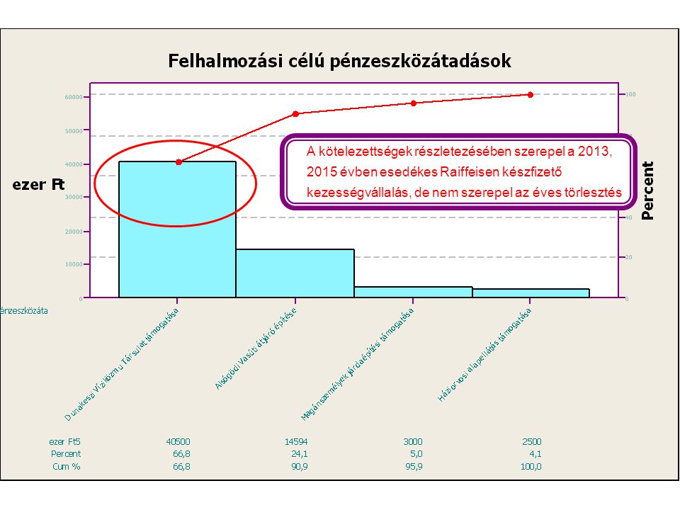 A kötelezettségek részletezésében szerepel a 2013, 2015 évben esedékes Raiffeisen készfizető kezességvállalás, de nem szerepel az éves törlesztés