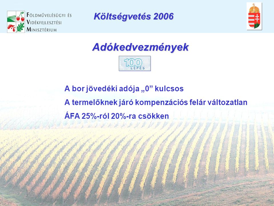 Adókedvezmények A bor jövedéki adója „0 kulcsos A termelőknek járó kompenzációs felár változatlan ÁFA 25%-ról 20%-ra csökken Költségvetés 2006