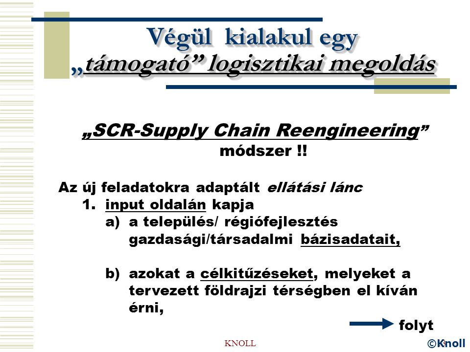KNOLL13 Végül kialakul egy „támogató logisztikai megoldás „SCR-Supply Chain Reengineering módszer !.