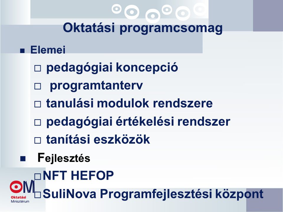 Oktatási programcsomag n Elemei  pedagógiai koncepció  programtanterv  tanulási modulok rendszere  pedagógiai értékelési rendszer  tanítási eszközök n F ejlesztés  NFT HEFOP  SuliNova Programfejlesztési központ