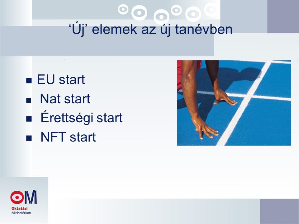‘Új’ elemek az új tanévben n EU start n Nat start n Érettségi start n NFT start