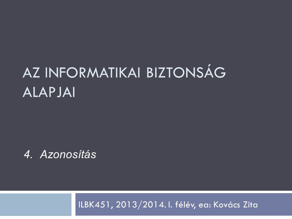 ILBK451, 2013/2014. I. félév, ea: Kovács Zita 4.Azonosítás AZ INFORMATIKAI BIZTONSÁG ALAPJAI