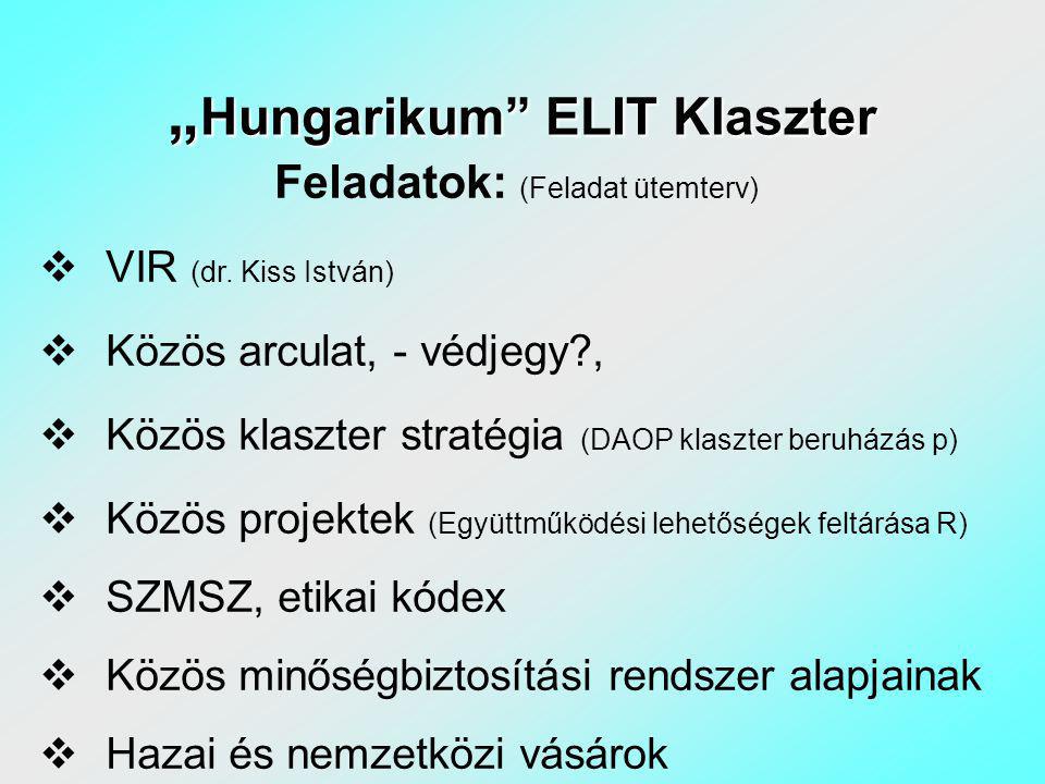 „ Hungarikum ELIT Klaszter Feladatok: (Feladat ütemterv)  VIR (dr.