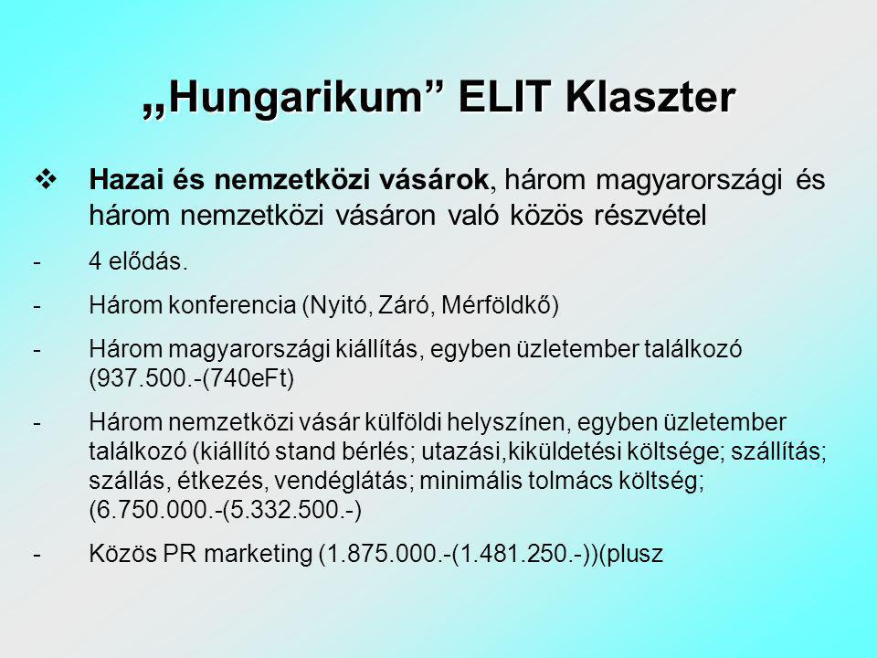„ Hungarikum ELIT Klaszter  Hazai és nemzetközi vásárok, három magyarországi és három nemzetközi vásáron való közös részvétel -4 elődás.