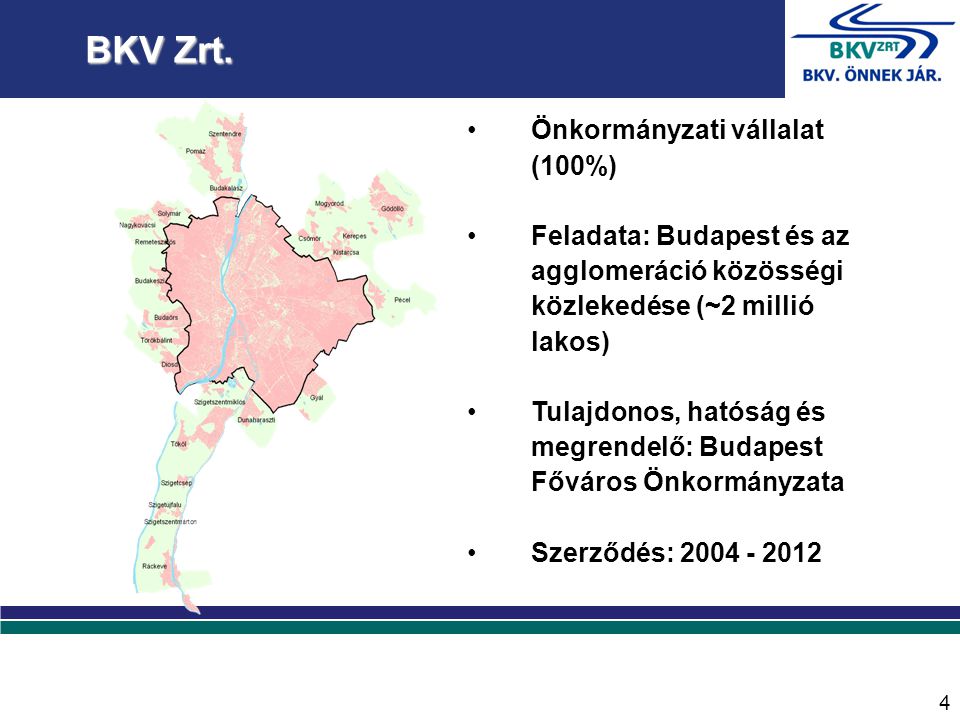 •Önkormányzati vállalat (100%) •Feladata: Budapest és az agglomeráció közösségi közlekedése (~2 millió lakos) •Tulajdonos, hatóság és megrendelő: Budapest Főváros Önkormányzata •Szerződés: BKV Zrt.