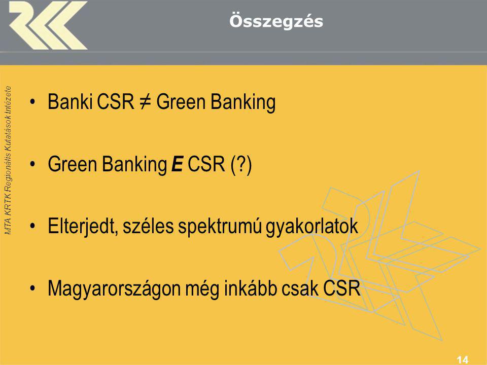 MTA KRTK Regionális Kutatások Intézete Összegzés •Banki CSR ≠ Green Banking •Green Banking Е CSR ( ) •Elterjedt, széles spektrumú gyakorlatok •Magyarországon még inkább csak CSR 14