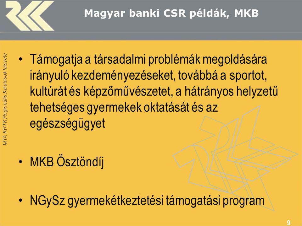 MTA KRTK Regionális Kutatások Intézete Magyar banki CSR példák, MKB •Támogatja a társadalmi problémák megoldására irányuló kezdeményezéseket, továbbá a sportot, kultúrát és képzőművészetet, a hátrányos helyzetű tehetséges gyermekek oktatását és az egészségügyet •MKB Ösztöndíj •NGySz gyermekétkeztetési támogatási program 9