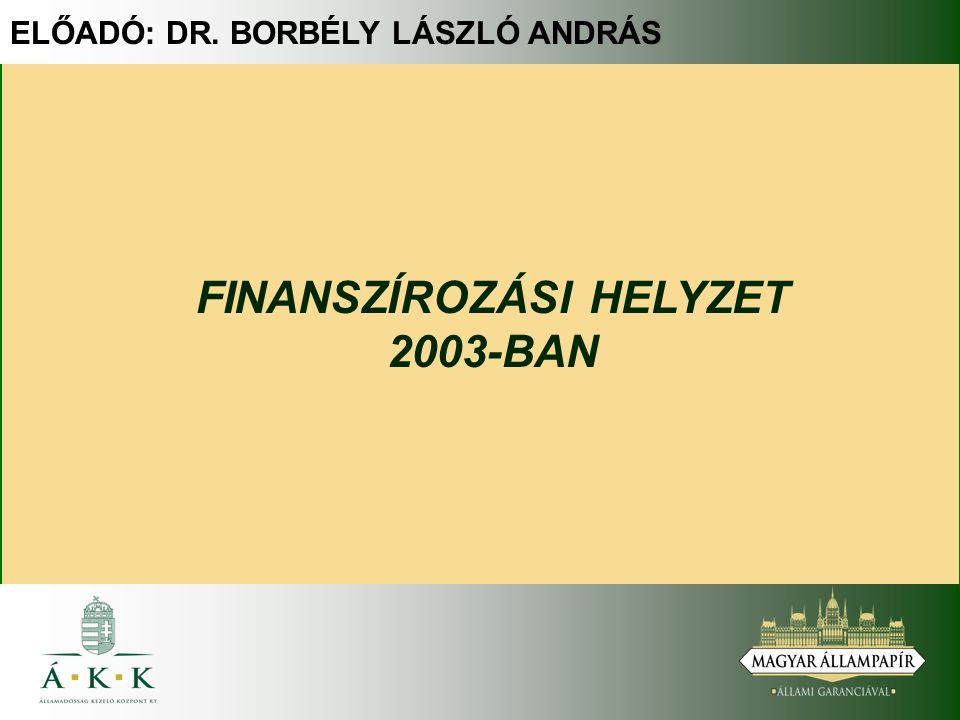 ELŐADÓ: DR. BORBÉLY LÁSZLÓ ANDRÁS FINANSZÍROZÁSI HELYZET 2003-BAN