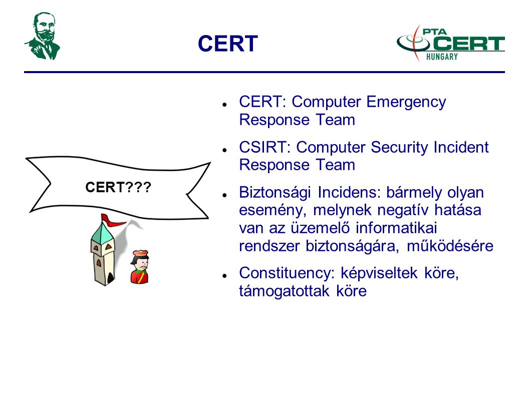 CERT  CERT: Computer Emergency Response Team  CSIRT: Computer Security Incident Response Team  Biztonsági Incidens: bármely olyan esemény, melynek negatív hatása van az üzemelő informatikai rendszer biztonságára, működésére  Constituency: képviseltek köre, támogatottak köre CERT