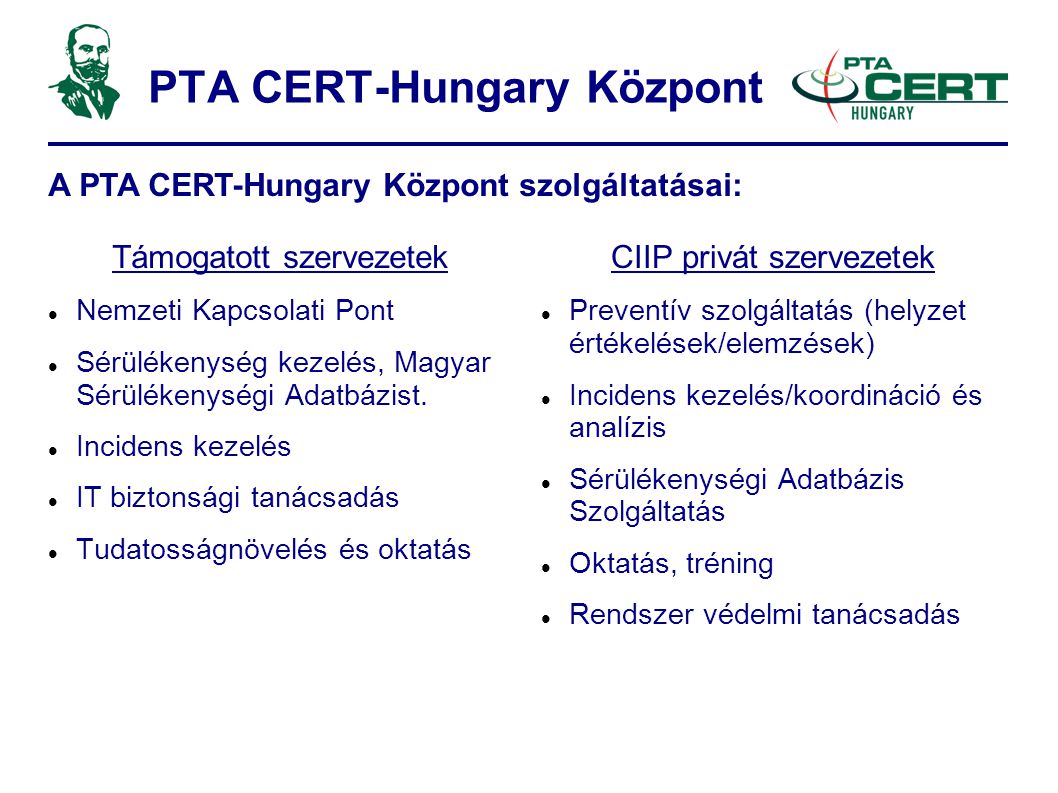 PTA CERT-Hungary Központ Támogatott szervezetek  Nemzeti Kapcsolati Pont  Sérülékenység kezelés, Magyar Sérülékenységi Adatbázist.